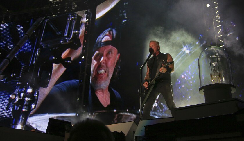 Metallica drummer Lars Ullrich, left, and lead singer James Hetfield at Petco Park in 2017.