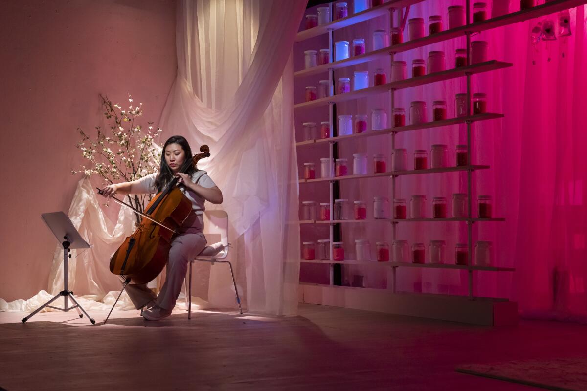 Cellist Sharon Taylor offers musical accompaniment in Moxie Theatre's "The Pleasure Trials."