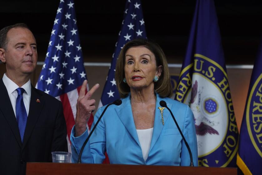 Kirk McKoy  Los Angeles Times HOUSE SPEAKER Nancy Pelosi, with Intelligence Committee Chairman Adam B. Schiff, emphasized that the upcoming vote would be on procedures for hearings, not on whether to impeach President Trump.