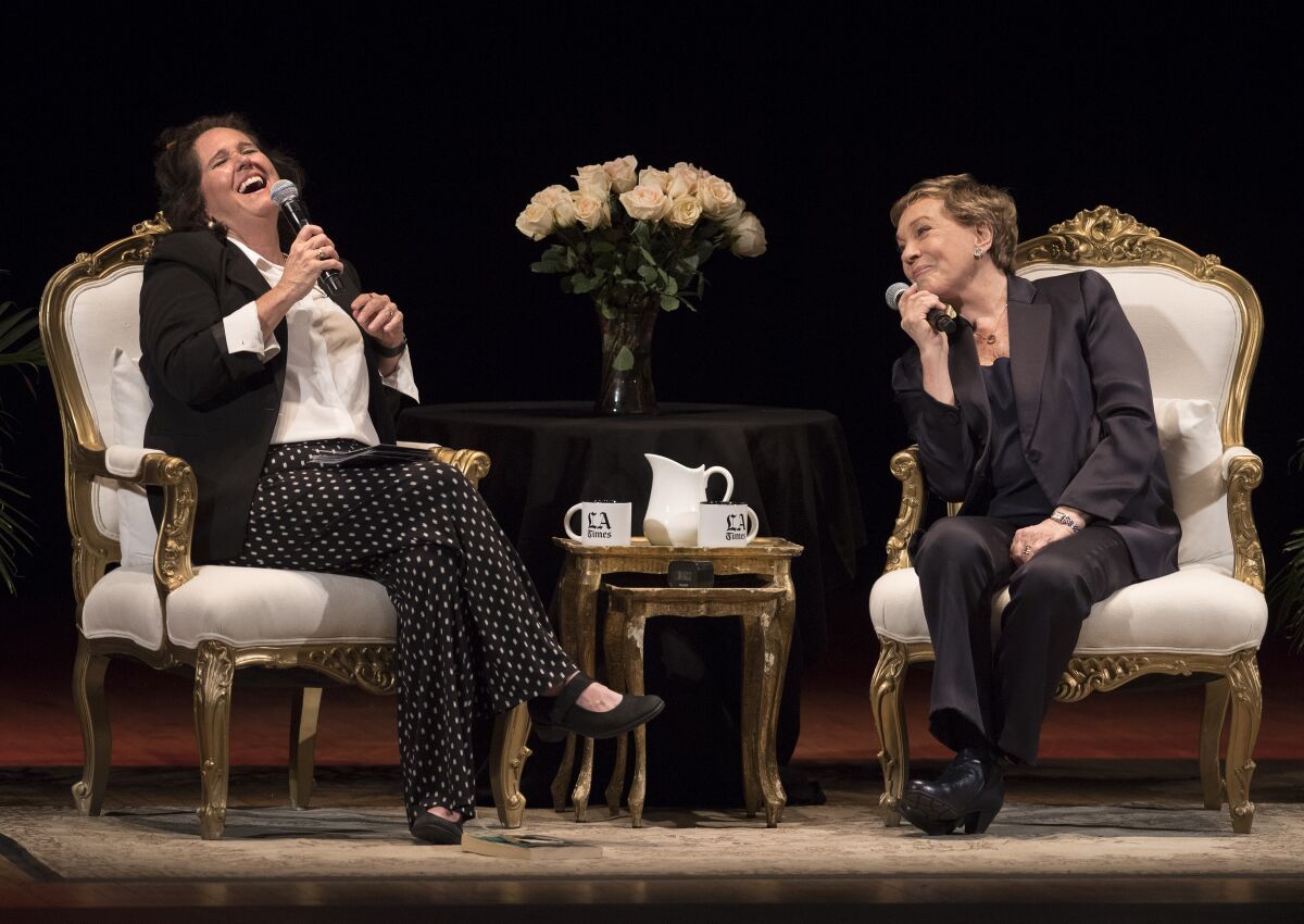 The Times' Mary McNamara, left, and Julie Andrews share a laugh while discussing Andrews' memoir, "Home Work."