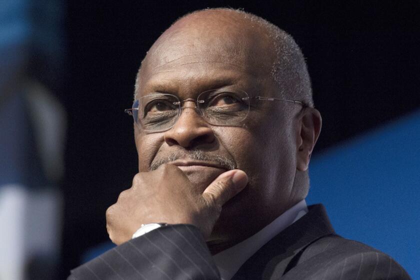 FILE - In this June 20, 2014 file photo, Herman Cain, CEO, The New Voice, speaks during Faith and Freedom Coalition's Road to Majority event in Washington. Trump says Herman Cain withdraws from consideration for Fed seat amid focus on past allegations. (AP Photo/Molly Riley, File)