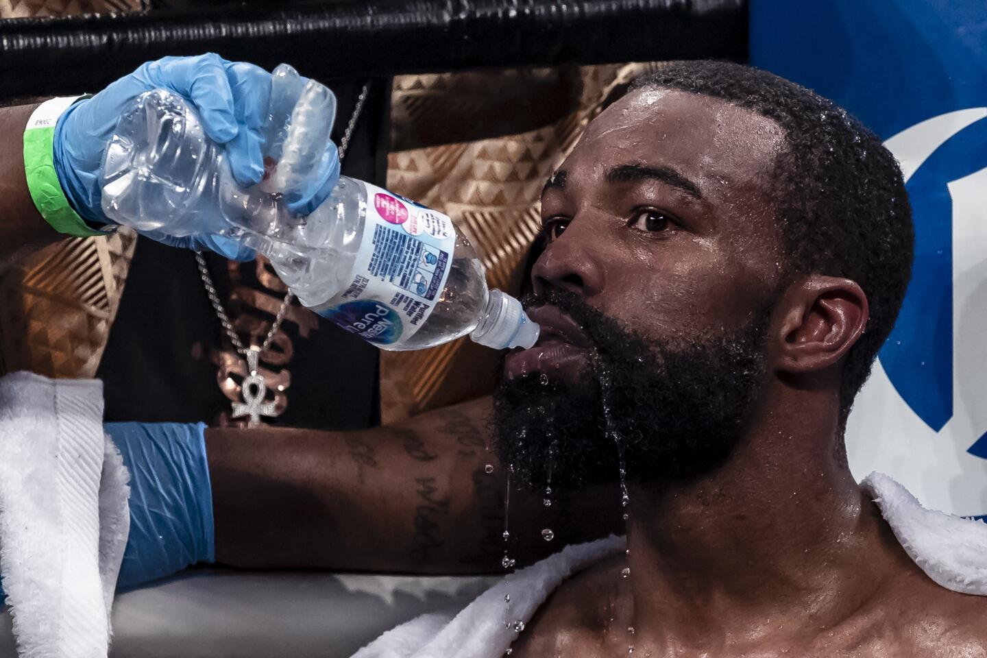OXON HILL, MD - MAY 19: Gary Russell Jr. takes a drink in the corner prior to the 12th round against Joseph Diaz Jr. of the WBC featherweight title bout at MGM National Harbor on May 19, 2018 in Oxon Hill, Maryland. Russell won by unanimous decision. (Photo by Scott Taetsch/Getty Images) ** OUTS - ELSENT, FPG, CM - OUTS * NM, PH, VA if sourced by CT, LA or MoD **