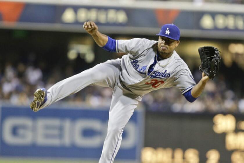 Dodgers right-hander Edinson Volquez gave up two runs, one earned, on five hits through 6 1/3 innings in a loss to his former team the San Diego Padres.