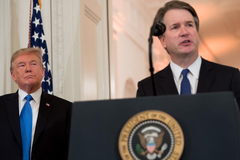 US Judge Brett Kavanaugh speaks after being nominated by US President Donald Trump (L) to the Supreme Court in the East Room of the White House on July 9, 2018 in Washington, DC. (Photo by SAUL LOEB / AFP) (Photo credit should read SAUL LOEB/AFP/Getty Images) ***BESTPIX*** ** OUTS - ELSENT, FPG, CM - OUTS * NM, PH, VA if sourced by CT, LA or MoD **