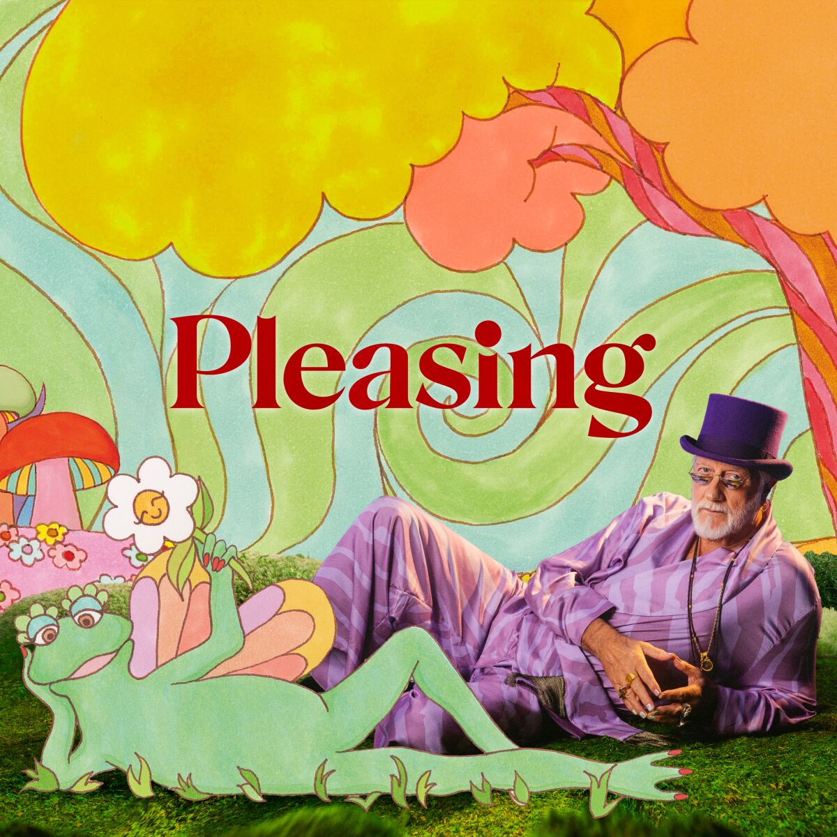 A man in a lavendar suit lying down in grass next to an illustrated frog