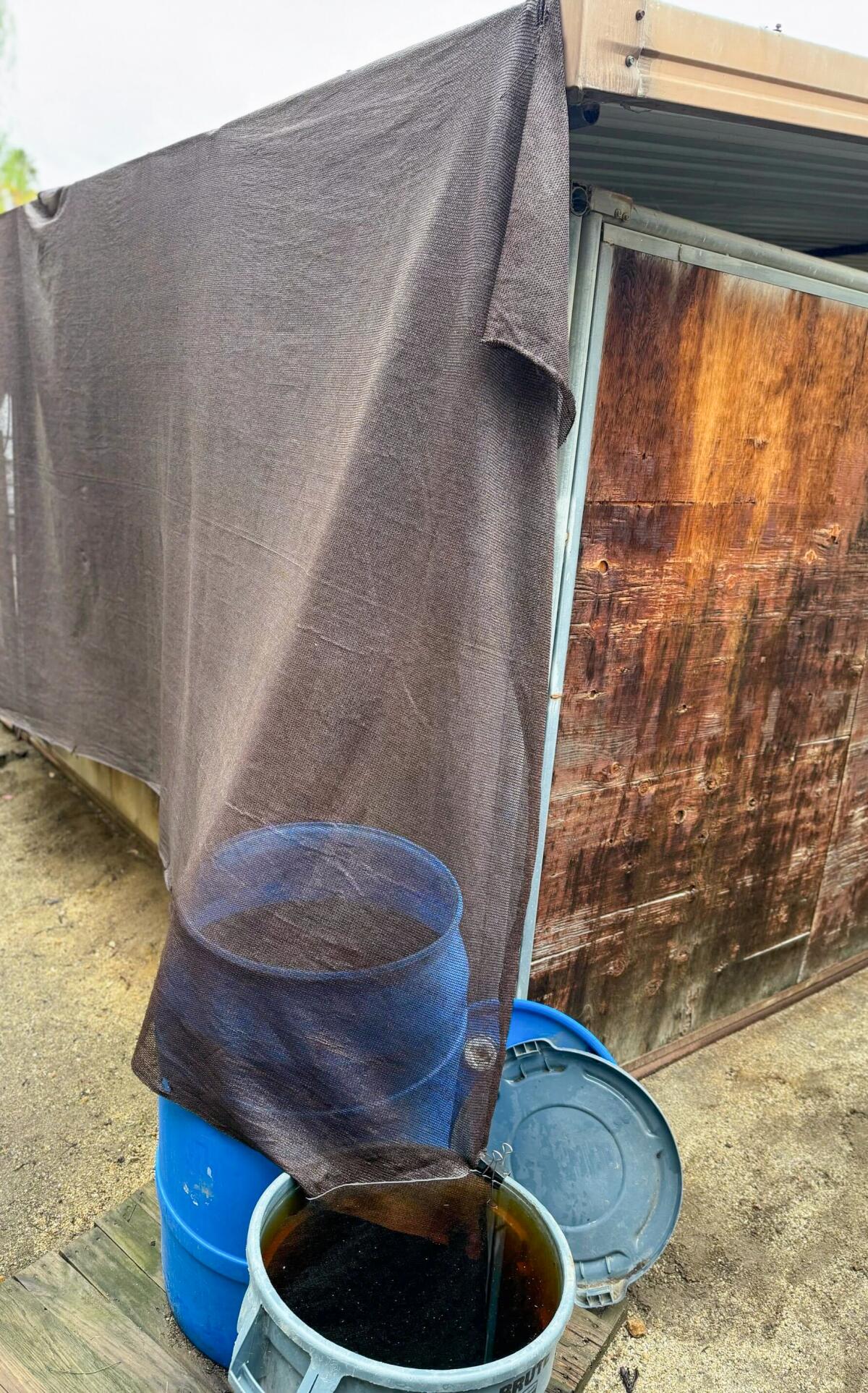 Ann Masterson uses an old shade cloth to direct water running off a shed into a garbage can