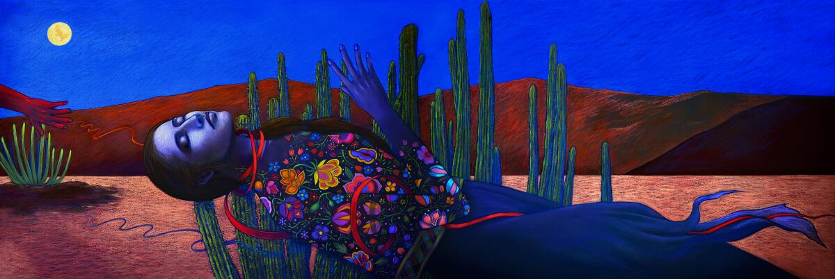 A woman, wearing a floral blouse, lies on a bed of cacti with her eyes closed. 