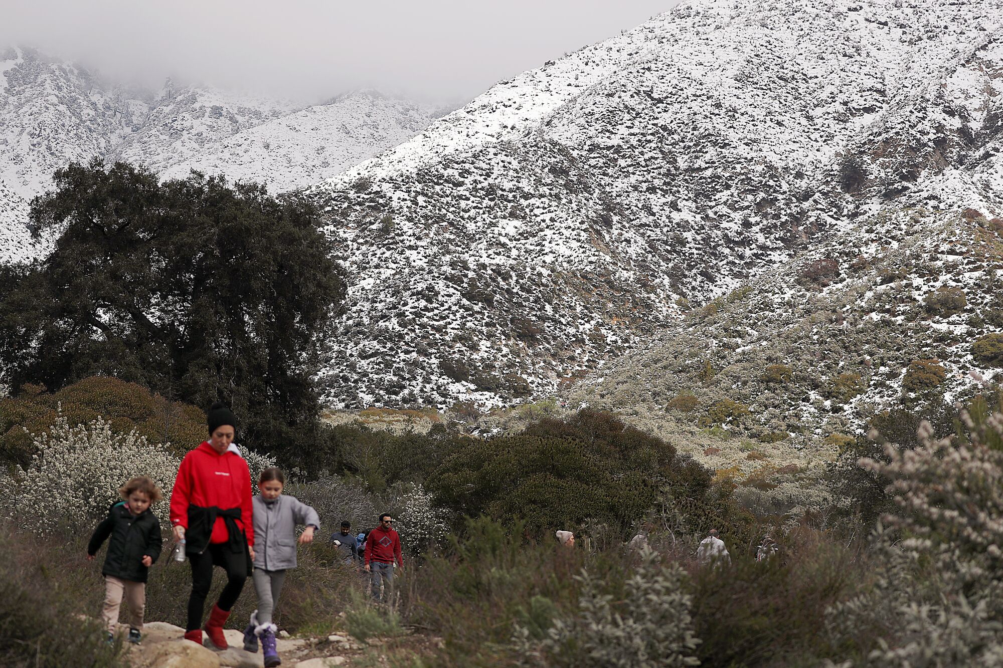 Hikers get a close look at mountains covered in snow at Deukmejian Wilderness Park in Glendale on Feb. 26.
