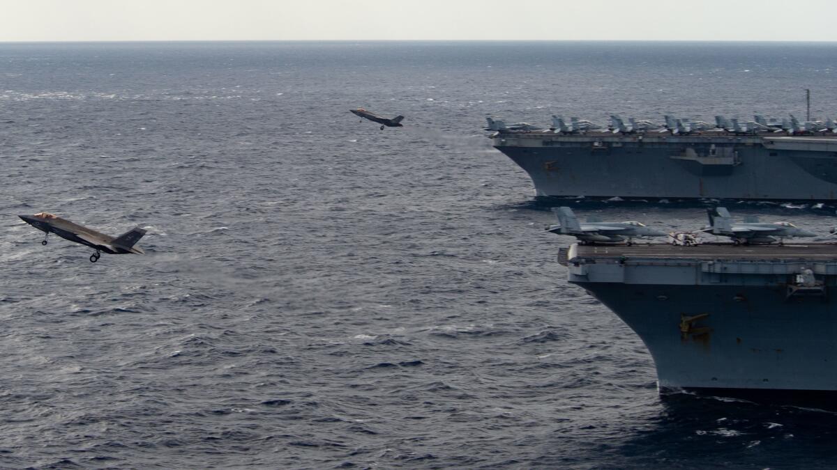 F-35C Lightning IIs launch from the San Diego-based aircraft carriers Carl Vinson and Abraham Lincoln.