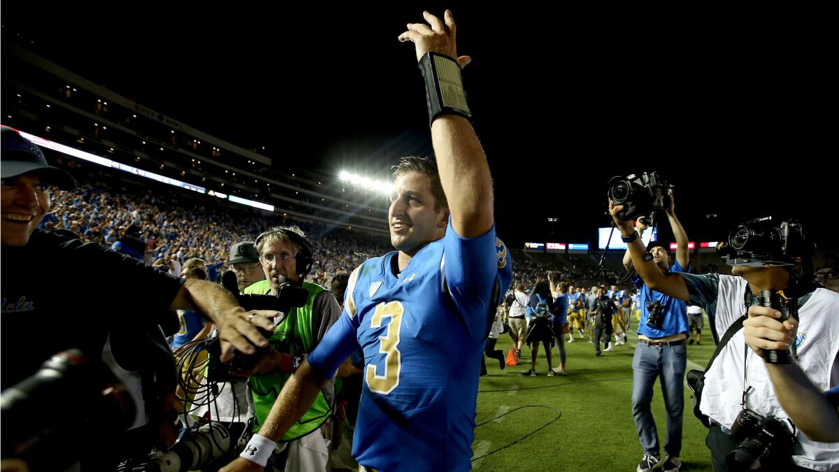UCLA quarterback Josh Rosen walks off the field after engineering a 45-44 comeback victory over Texas A&M.