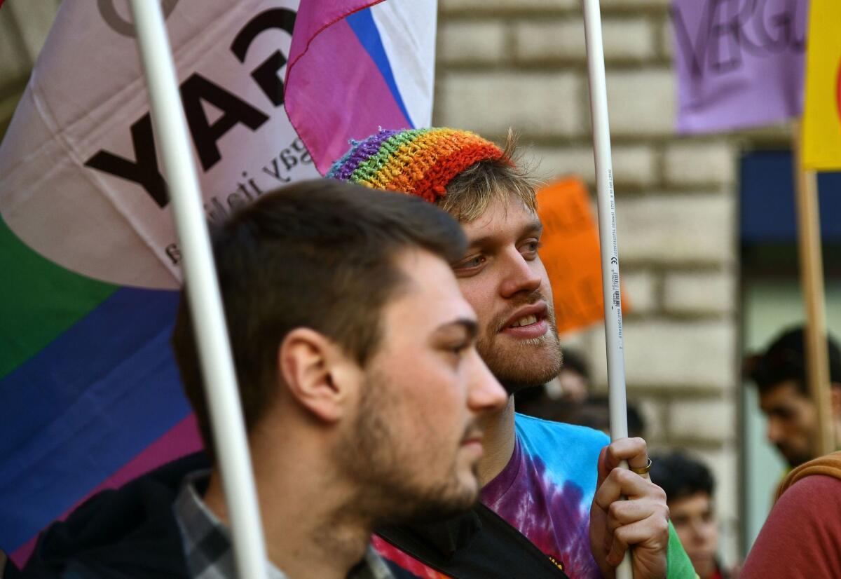 Supporters of same-sex civil unions demonstrate at the Piazza delle Cinque Lune in Rome.