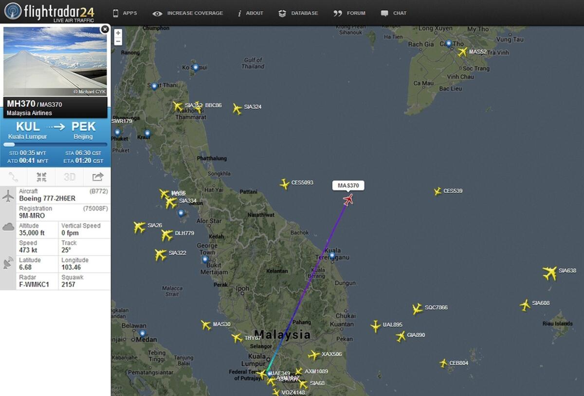 This image courtesy of Flightradar24 shows the flight track of Malaysian Airlines flight 370 on March 7, 2014.