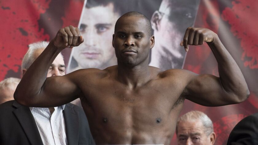 Adonis Stevenson gestures during the weigh-in for his match against Oleksandr Gvozdyk on Nov. 30, 2018.