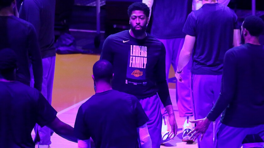 Lakers forward Anthony Davis is introduced before a playoff game against the Suns.