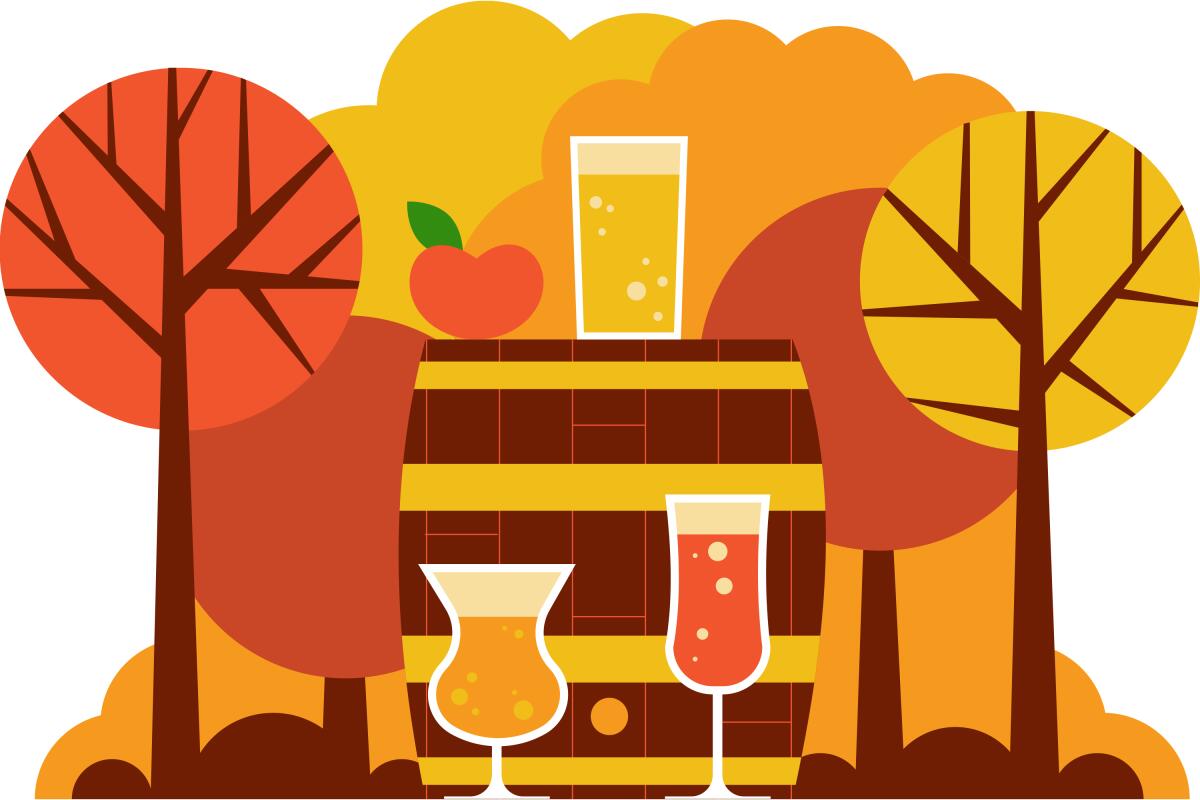 An illustration in fall colors or glasses of cider and an apple on an oak barrel, with trees behind.