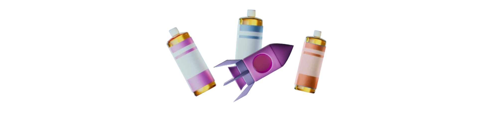 An illustration of three soap bottles and a purple rocket ship.