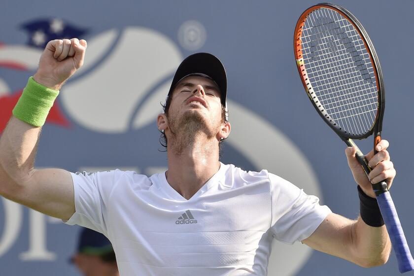 Andy Murray celebrates after defeating Jo-Wilfried Tsonga in the fourth round of the U.S. Open on Monday.