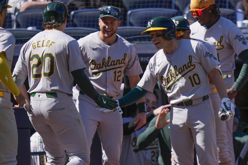 Oakland Athletics' Zack Gelof (20), left, is greeted by teammates Nick Allen (10), right, and Max Schuemann (12), center, after Gelof hit a two-run homer during the ninth inning of the baseball game against the New York Yankees at Yankee Stadium Monday, April 22, 2024, in New York. (AP Photo/Seth Wenig)