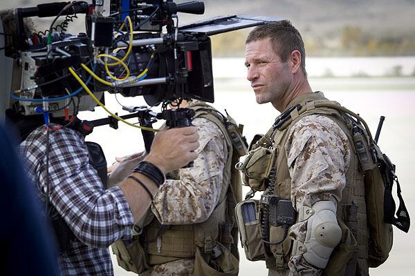Aaron Eckhart prepares for a closeup during filming of "Battle: Los Angeles."