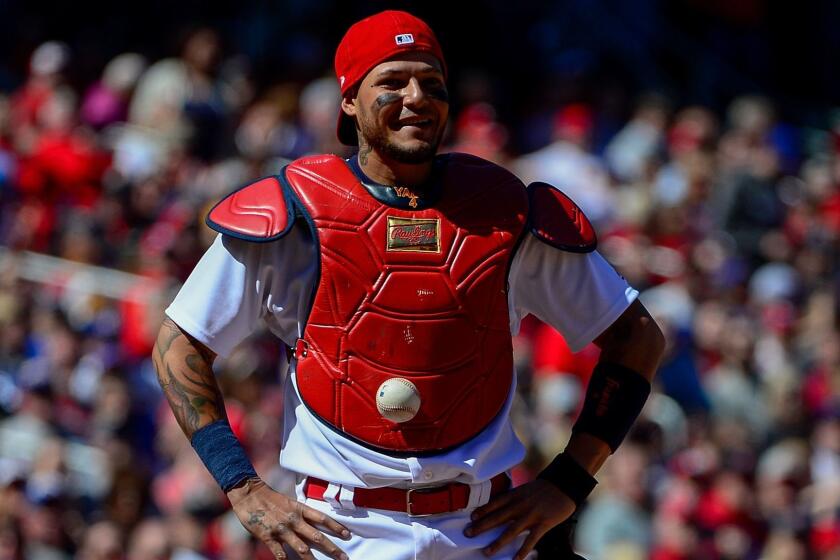 ST LOUIS, MO - APRIL 06: Yadier Molina #4 of the St. Louis Cardinals looks on after the ball got stuck to his chest protector allowing Matt Szczur #20 of the Chicago Cubs to advance to first after a swinging third strike during the seventh inning at Busch Stadium on April 6, 2017 in St Louis, Missouri. (Photo by Jeff Curry/Getty Images) *** BESTPIX *** ** OUTS - ELSENT, FPG, CM - OUTS * NM, PH, VA if sourced by CT, LA or MoD **