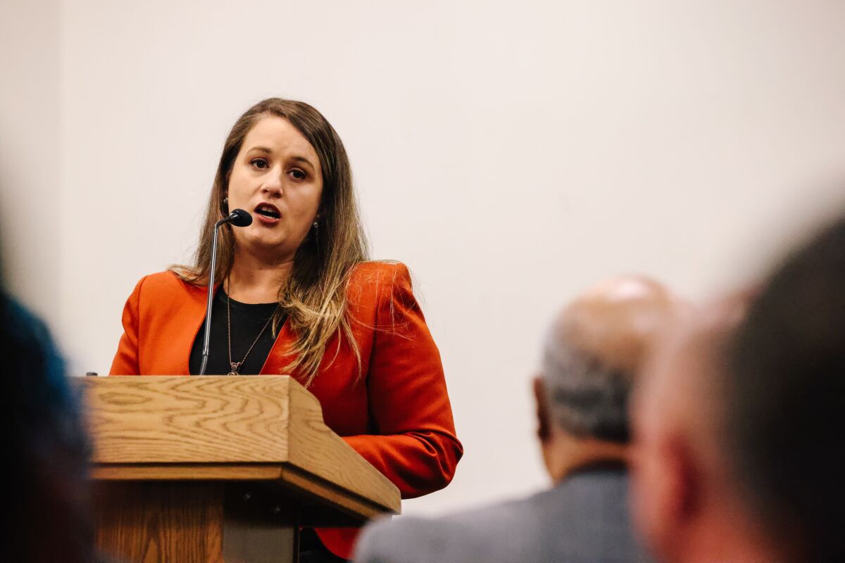 District 6 candidate Imelda Padilla speaks at a debate in Van Nuys on June 14.