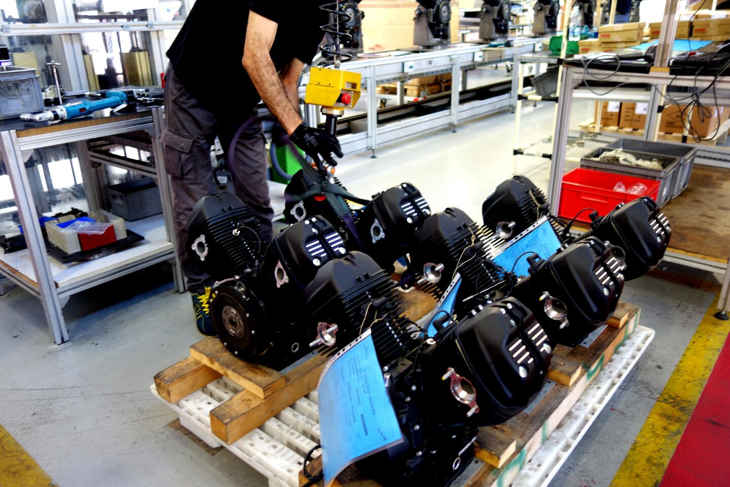 Engines are seen prior to assembly at the Moto Guzzi factory in Mandello Del Lario, Italy.