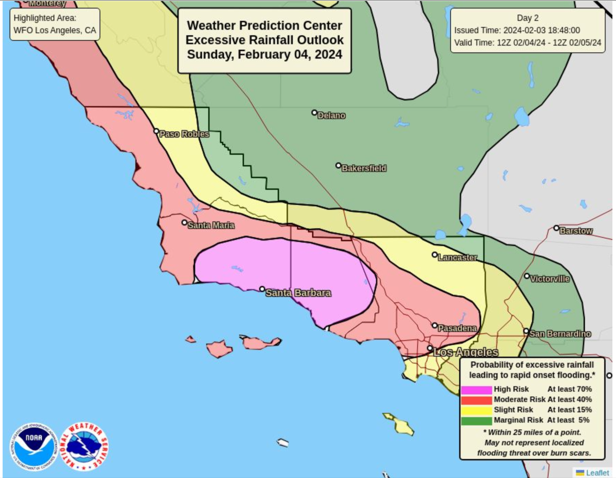 A color-coded weather map of Southern California