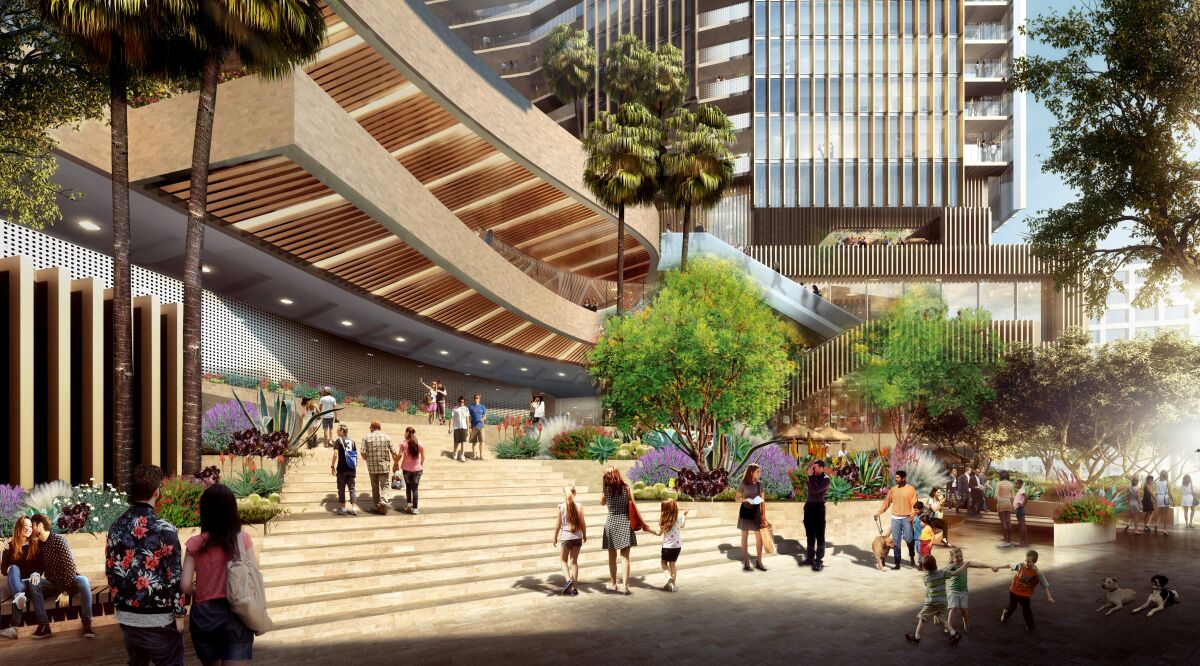 Rendering of Angels Landing, a $1.6-billion hotel, apartment, condominium and retail complex in downtown Los Angeles.