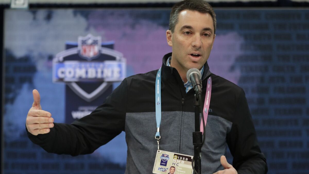 Chargers general manager Tom Telesco speaks during a press conference at the NFL combine in Indianapolis on Thursday.