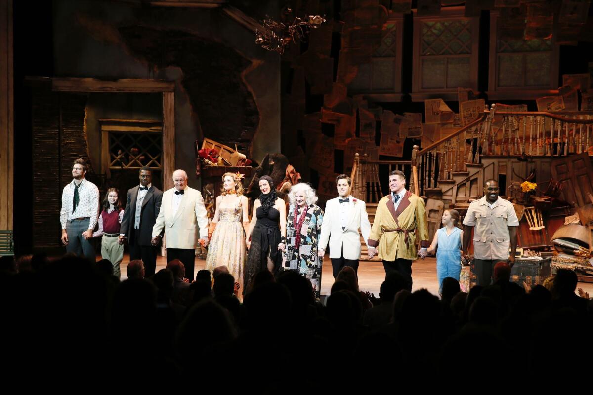 'Grey Gardens' cast members take a bow during the opening night performance of the musical at the Ahmanson Theatre on July 13.