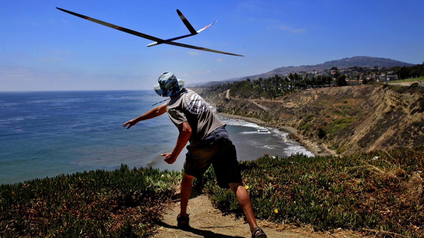 A hobbyist launches a glider from a park cliff.