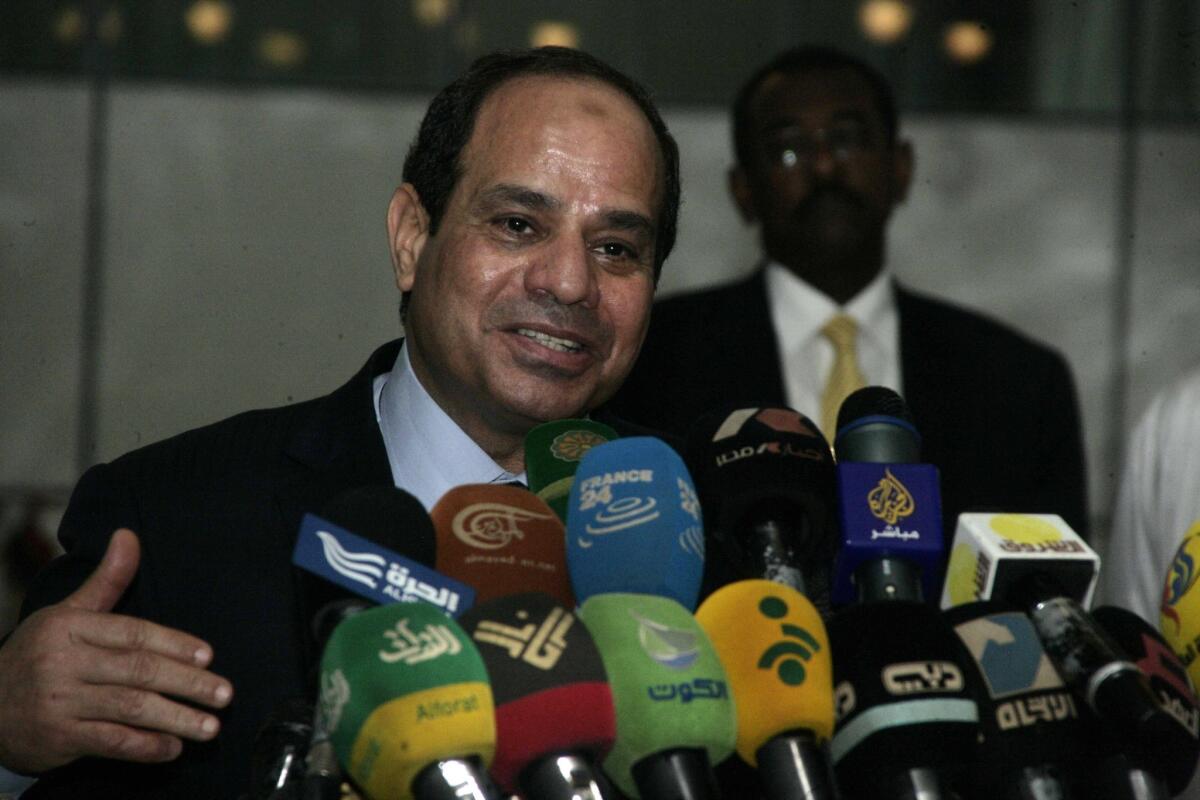 A human rights group has called for an independent probe of Egyptian President Abdel Fattah Sisi, shown during a June 27, 2014 press conference, and other officials to investigate 'systematic' killings of demonstrators last August.