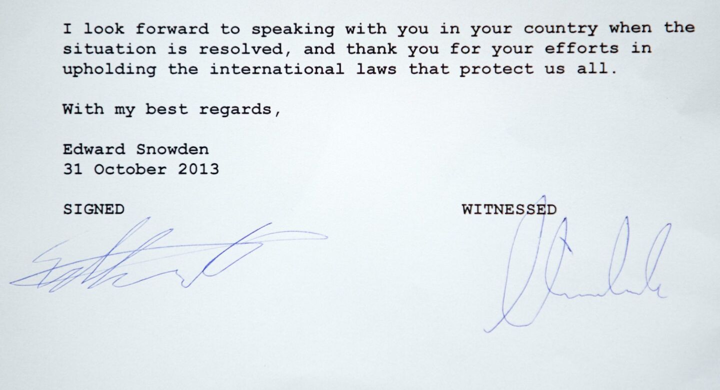 The signature of Edward Snowden on a letter that he gave to German MP Hans-Christian Stroebele of the Greens to forward to the German government after a meeting between the two.