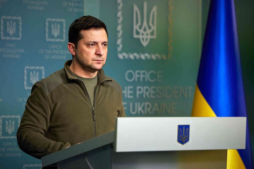 President Volodymyr Zelenskyy holds a press conference on Russia's military operation in Ukraine, on Feb. 25, 2022 in Kyiv.