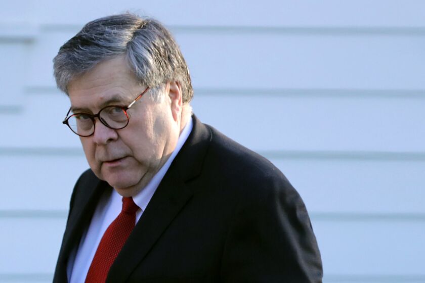 WASHINGTON, DC - MARCH 25: U.S. Attorney General William Barr leaves his home March 25, 2019 in McLean, Virginia. Stopping short of exonerating President Donald Trump of obstruction of justice, Barr released a summary report of special counsel Robert Mueller's investigation, saying there was no collusion between Trump's 2016 presidential campaign and Russian intelligence. (Photo by Chip Somodevilla/Getty Images) ** OUTS - ELSENT, FPG, CM - OUTS * NM, PH, VA if sourced by CT, LA or MoD **