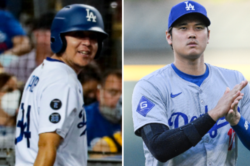 Longtime Dodgers bat boy Javier Herrera, left; Dodgers star Shohei Ohtani 