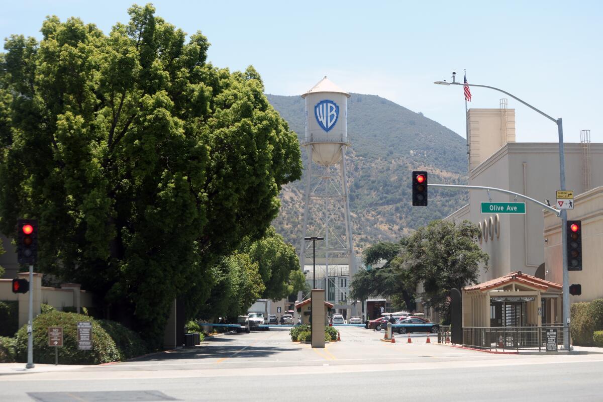 Warner Bros. Studios' iconic water tower rises above the complex in Burbank