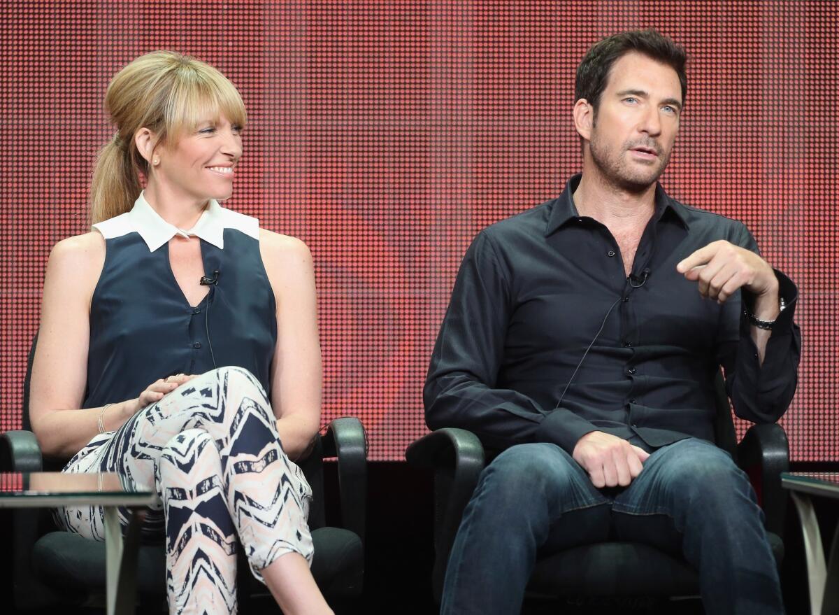 Actors Toni Collette and Dylan McDermott speak on stage during the "Hostages" panel discussion at the CBS portion of the 2013 Summer Television Critics Assn. tour at the Beverly Hilton Hotel.