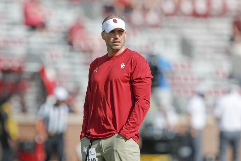 Oklahoma defensive coordinator Alex Grinch before the start of a game against Tulane.