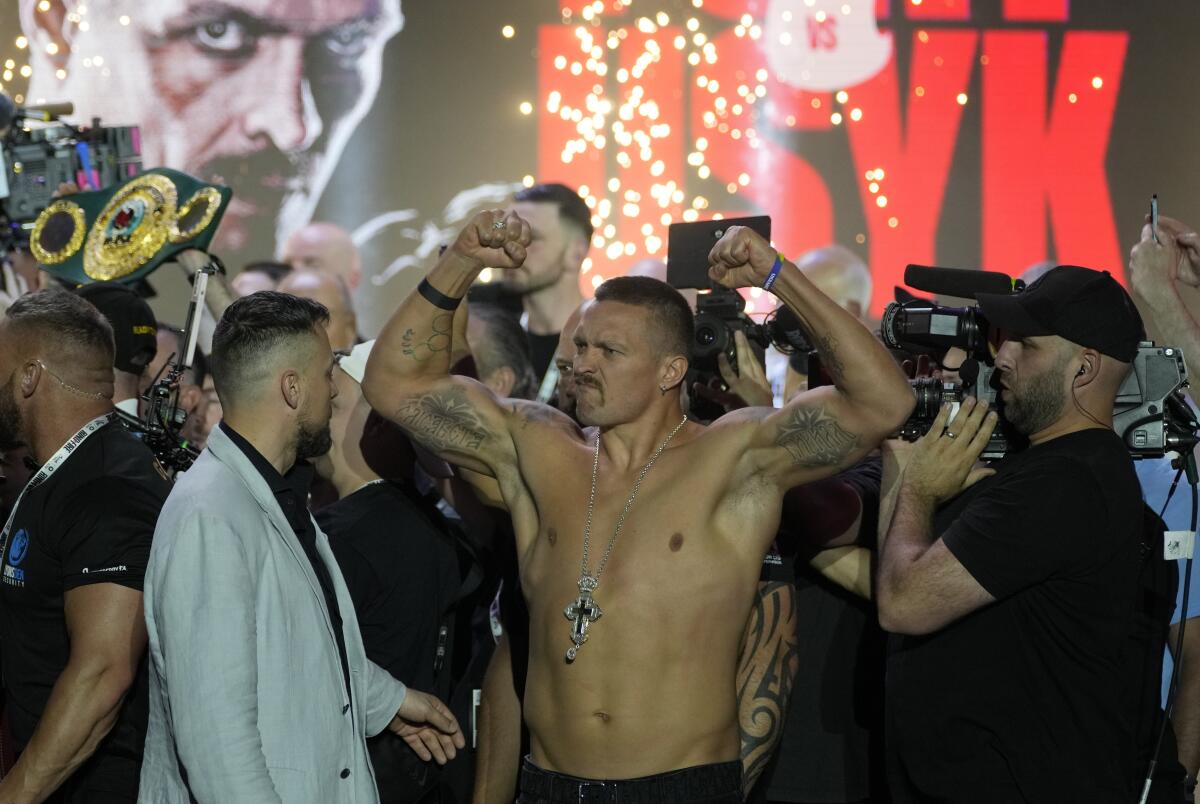 Heavyweight boxer Oleksandr Usyk poses during a weigh-in in Riyadh, Saudi Arabia, on Friday.