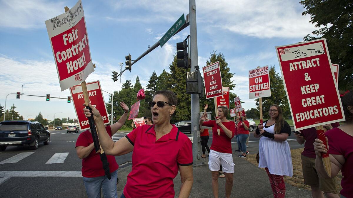 Teachers on strike in Vancouver, WA. on Aug. 29.