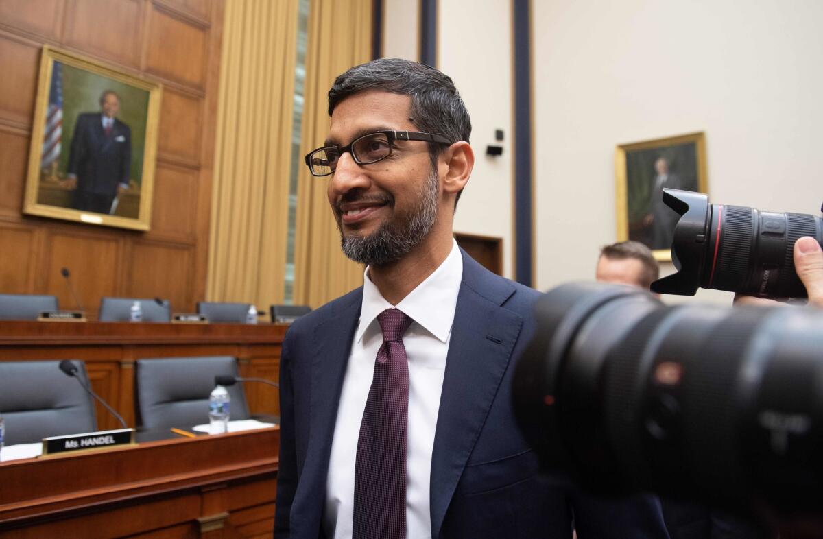 Google CEO Sundar Pichai is shown at a House Judiciary Committee hearing in 2018.