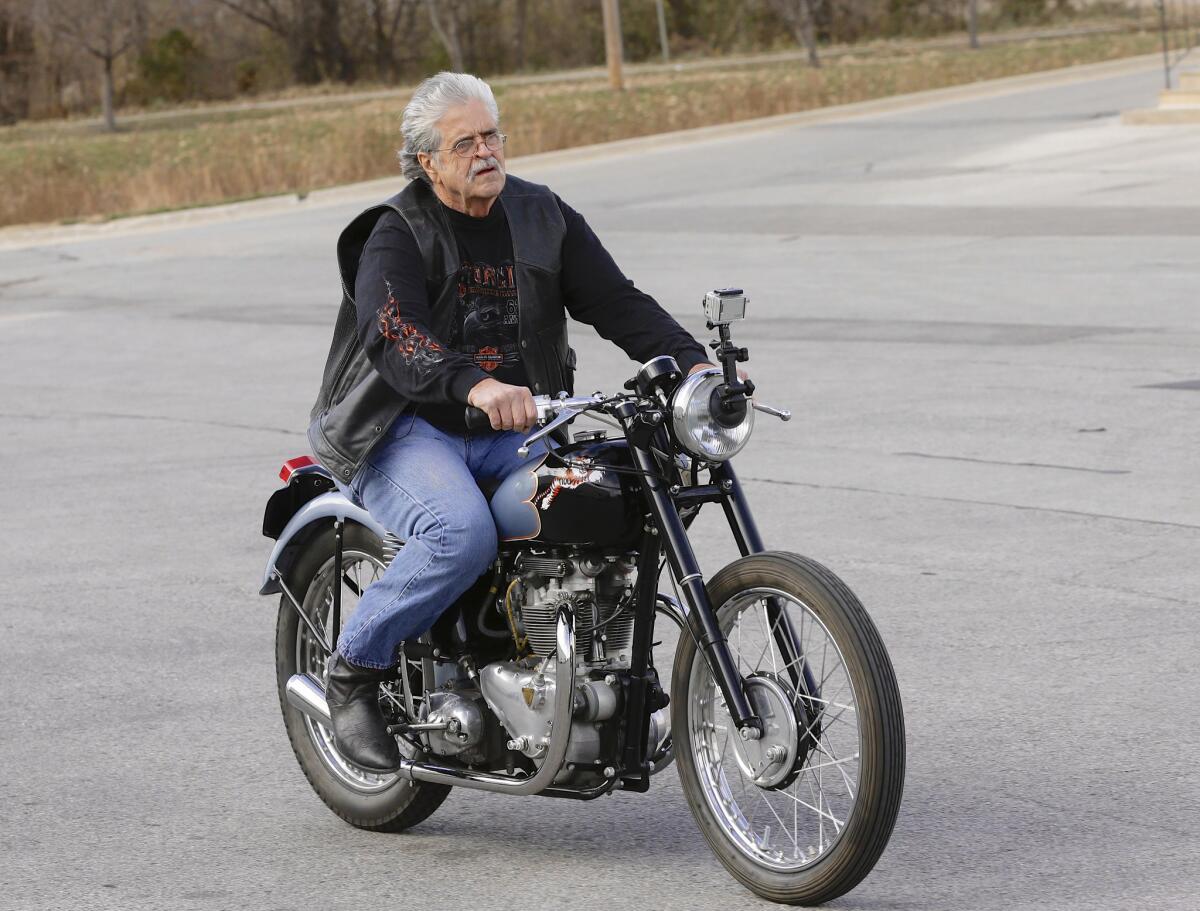 Donald DeVault, 73, rides his motorcycle -- for the the first time since it was stolen 46 years ago. California authorities had recovered his 1953 Triumph Tiger 100 at the Port of Los Angeles. The National Insurance Crime Bureau reports that the recovery rate for stolen motorcycles was only 39% in 2012.