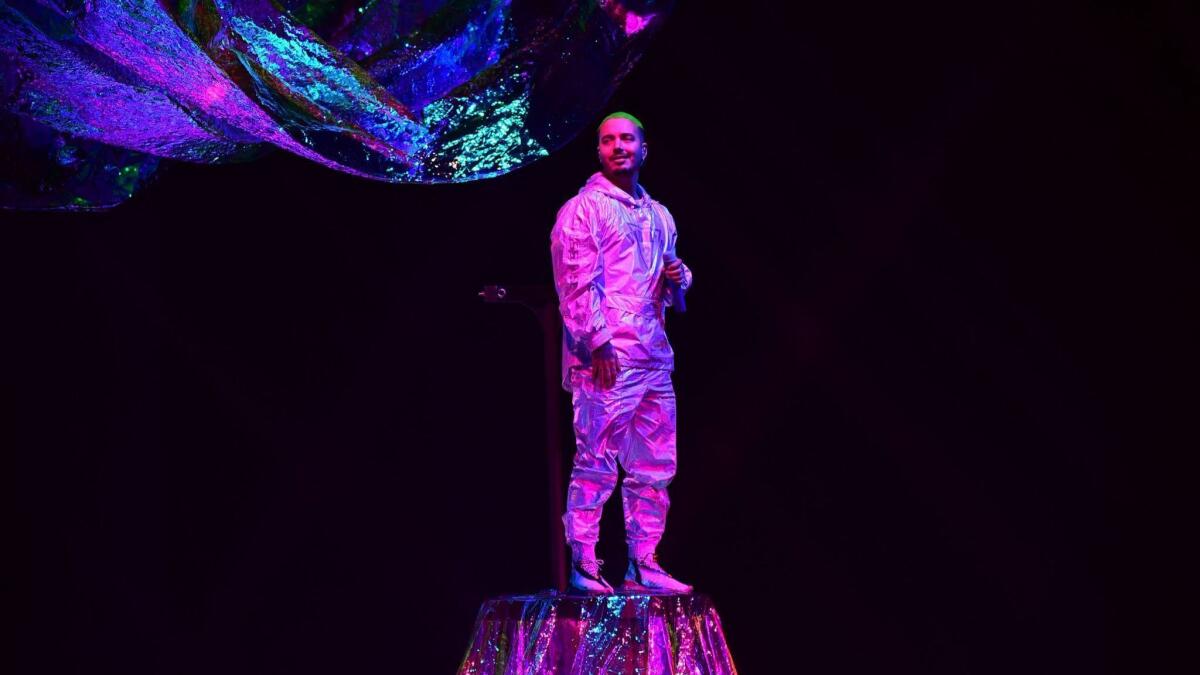 J Balvin rises above the stage during his performance at the 19th Annual Latin Grammy Awards in Las Vegas.