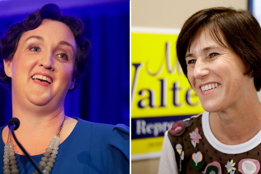 Left, Democratic congressional candidate Katie Porter speaks during an election night event in Tustin. Right, Rep. Mimi Walters, R-Calif., talks to supporters at her campaign office in Irvine, Calif. (AP Photo/Chris Carlson)