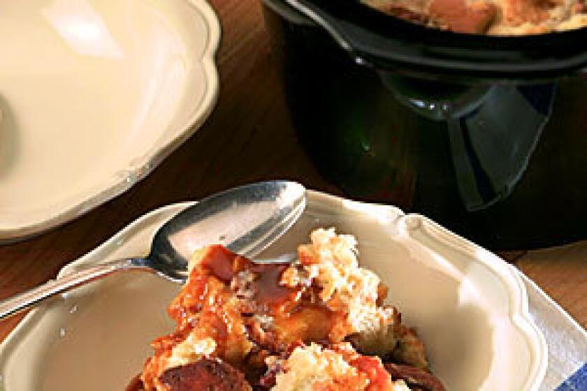 SLOW COOKED: White chocolate bread pudding with whiskey caramel sauce.