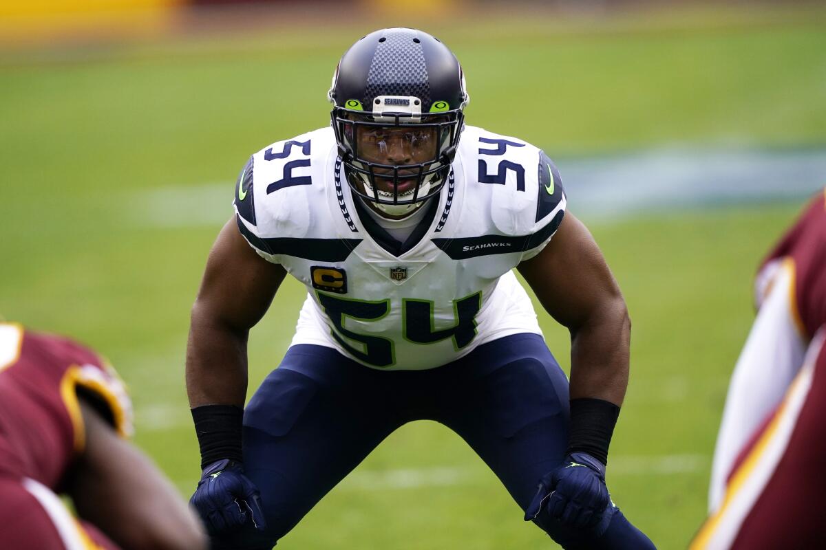 Seattle Seahawks linebacker Bobby Wagner readies for a snap against Washington.