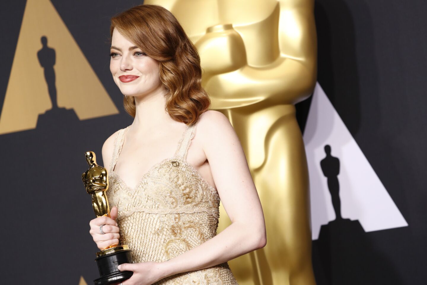 Emma Stone with her Oscar for lead actress for "La La Land."