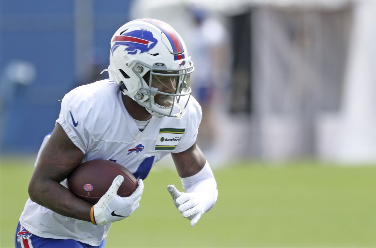 Buffalo Bills wide receiver Stefon Diggs (14) catches a pass during NFL football practice in Orchard Park, N.Y., Thursday, Sept. 3, 2020. (James P. McCoy/The Buffalo News via AP, Pool)