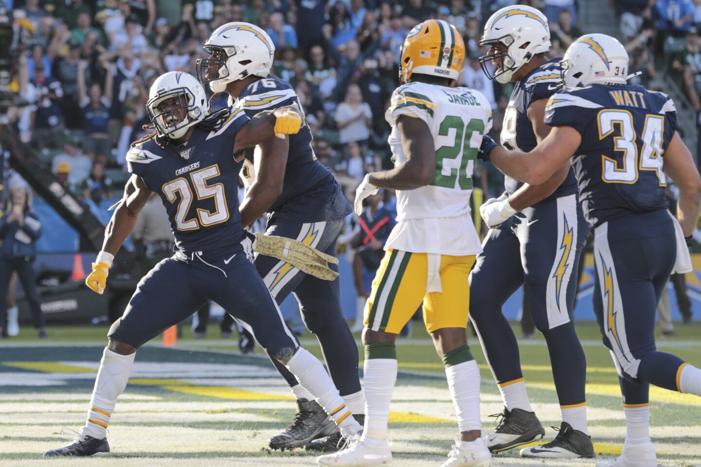 Chargers running back Melvin Gordon celebrates touchdown.